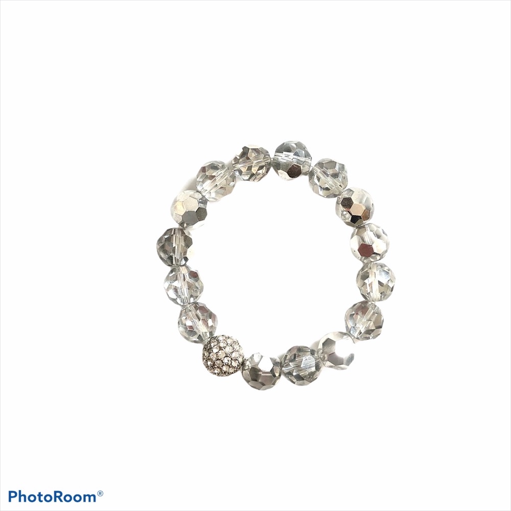 Transparent Beaded Cut Crystal Bracelet Clear Stones Stretch Cuff Bangle 7” - Picture 3 of 8